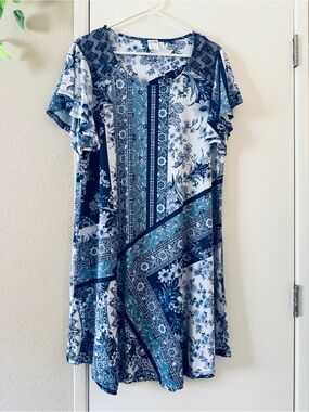 Blue & Teal Midi Dress Size XL Mixed-Print Flutter Sleeve NWOT